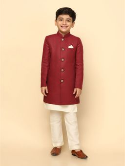 KISAH - Boy Maroon Kurta and Sherwani with Pyjama (Set of 3)