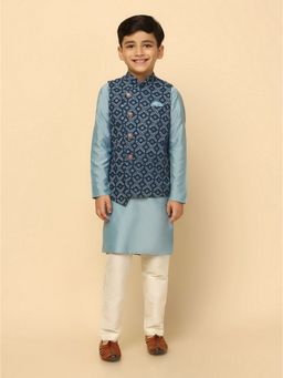 KISAH - Boy Blue Kurta and Jacket with Pyjama (Set of 3)