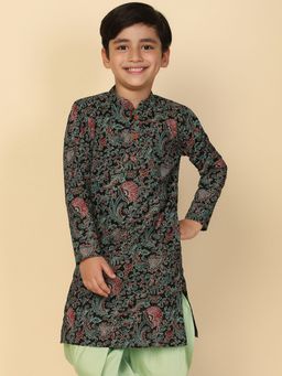 KISAH - Boys Black Printed Cotton Blend Kurta with Kantha Print