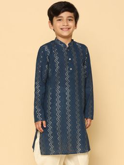 KISAH - Boys Navy Blue Textured Cotton Blend Kurta with Chevron Print