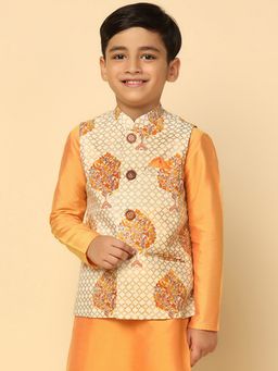 KISAH - Boys Gold Printed Cotton Blend Nehru Jacket with Floral Design