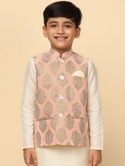 KISAH - Boys Peach Printed Cotton Blend Nehru Jacket with Floral Design