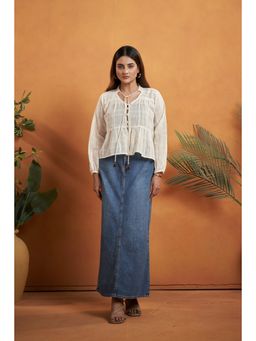AFFROZ - Women's Pure Cotton Off White Full Sleeves Striped Stitched Top