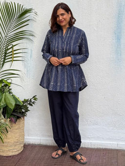 Chidiyaa - Navy Blue Pure Cotton Printed A-Line Kurti