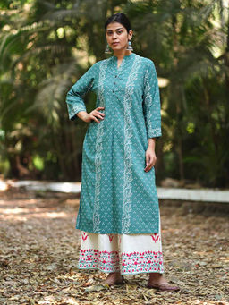 Chidiyaa - Teal Pure Cotton Floral Straight Kurta