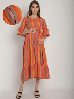 Moms Maternity - Womens Organic Khadi Cotton Orange Maternity Maxi Dress with Belt (Set of 2)
