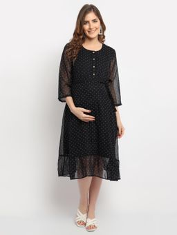 Moms Maternity - Womens Maternity Polka Dot Print Black Midi Dress with Belt (Set of 2)