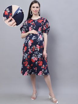 Moms Maternity - Womens Maternity Crepe Floral Print Navy Blue Midi Dress