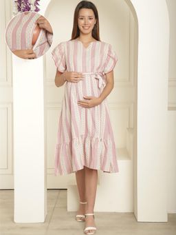 Moms Maternity - Womens Ika Organic Khadi Peach Maternity Midi Dress with Belt (Set of 2)