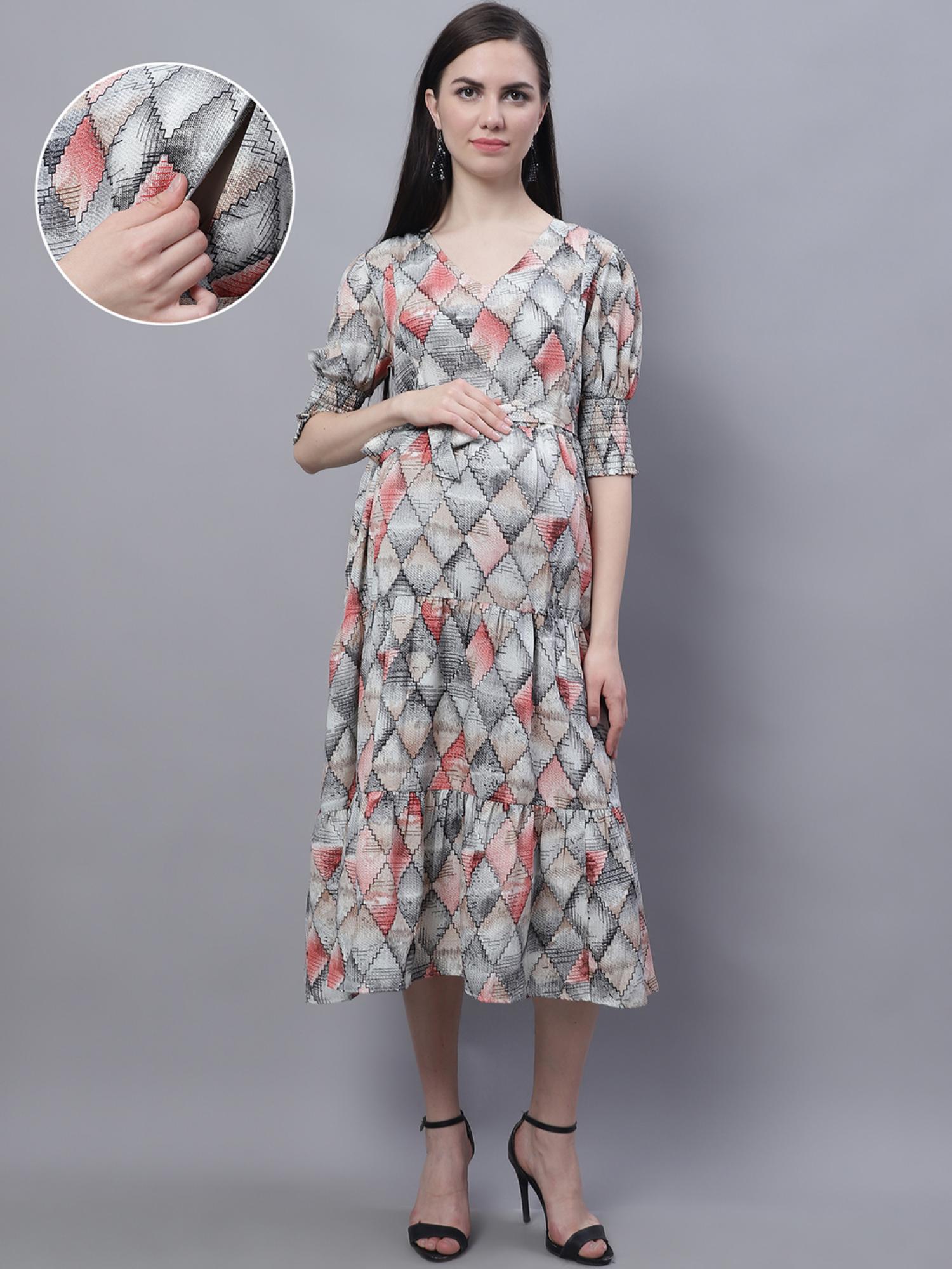 moms maternity Womens Maternity Crepe Geometric Print Midi Dress with Belt (Set of 2)-picture-0