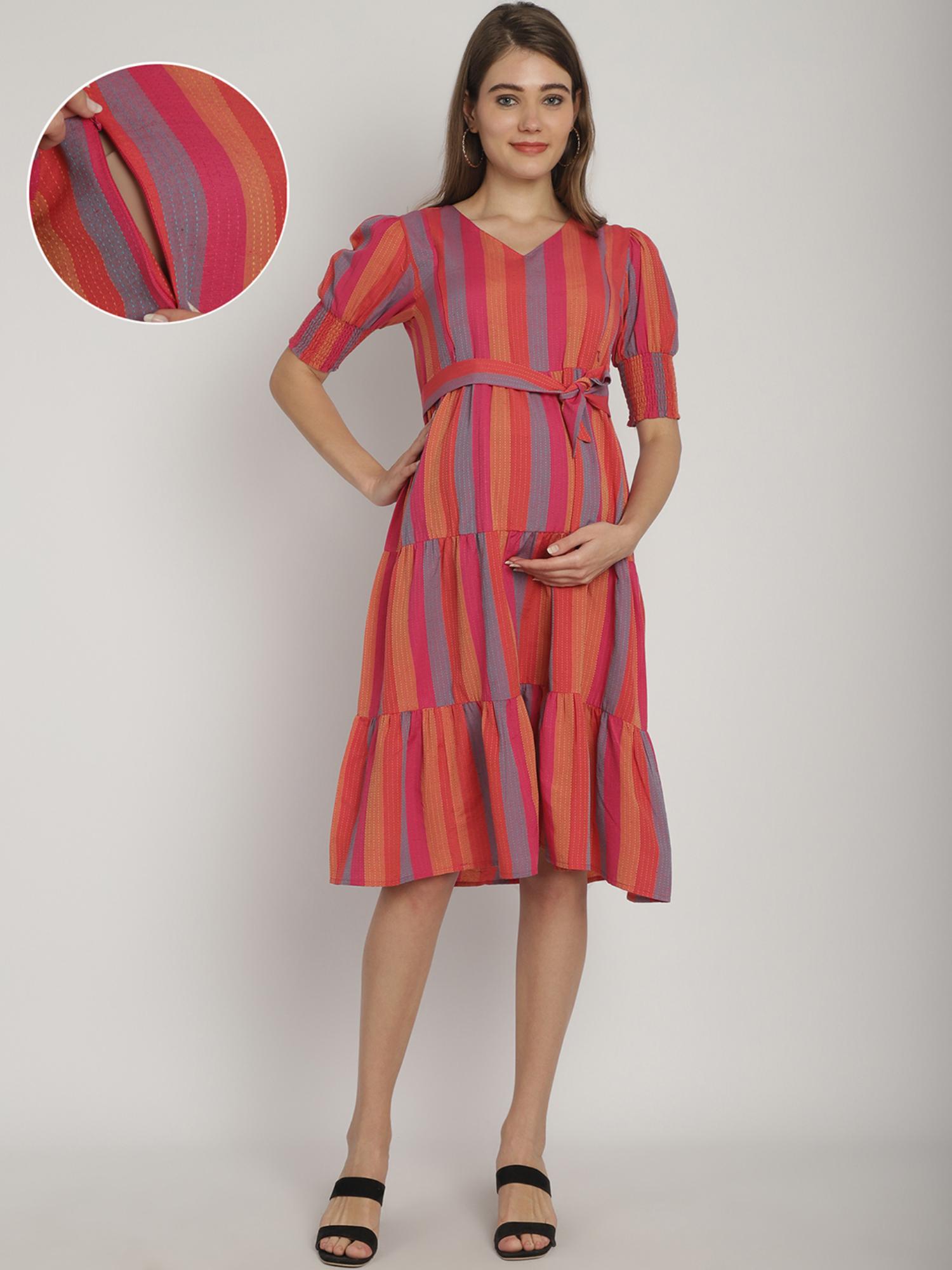 moms maternity Womens Striped Organic Khadi Pink Maternity Midi Dress with Belt (Set of 2)-picture-1