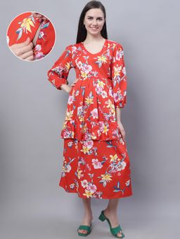Moms Maternity - Womens Maternity Crepe Floral Print Red Midi Dress