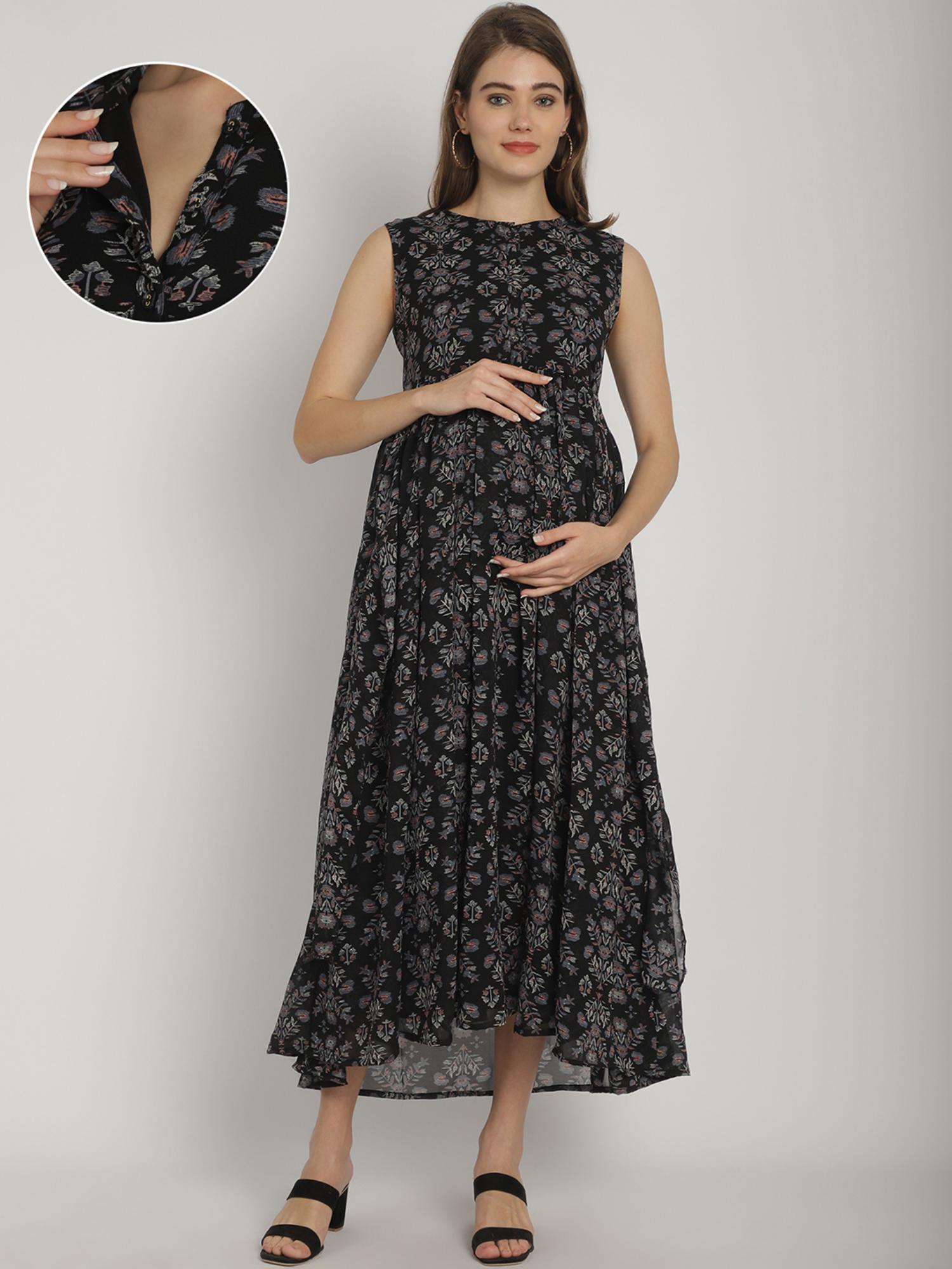 moms maternity Womens Floral Printed Ruffled Black Maternity Maxi Baby Shower Dress-picture-18