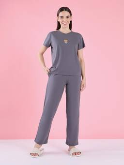 Sweet Dreams - Women Graphic Printed T-Shirt with Pyjama Grey