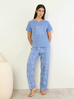 Sweet Dreams - Women Graphic Printed T-Shirt with Pyjama Blue