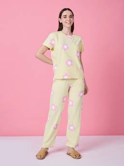 Sweet Dreams - Women Floral Printed T-Shirt with Pyjama Yellow