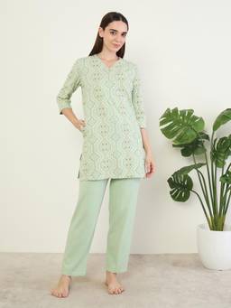 Sweet Dreams - Women Geometric Printed Kurti with Pyjama Green