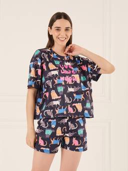 Sweet Dreams - Women Cartoon Printed T-Shirt with Shorts Navy Blue