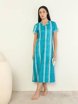 Sweet Dreams - Women Cozy Tie-Dye Calf Length Nightdress Aqua