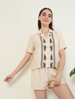 Sweet Dreams - Women Embroidered Front Open Co-Ord Set Beige