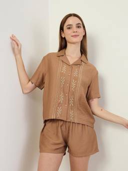 Sweet Dreams - Women Embroidered Front Open Co-Ord Set Brown