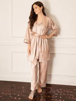 Private Lives - Luxe Satin Short Wrap Top, Pyjama And Robe With Belt