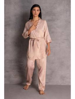 Private Lives - Beige Satin Robe Top, Pyjama With Belt