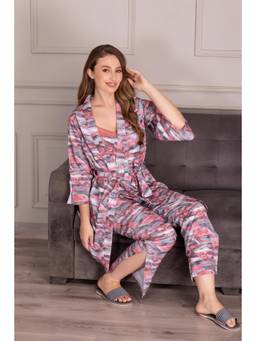 Private Lives - Printed Satin Robe Top, Pyjama And Belt