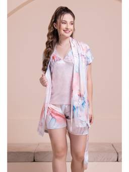 Private Lives - Floral Satin Robe Top, Shorts And Belt
