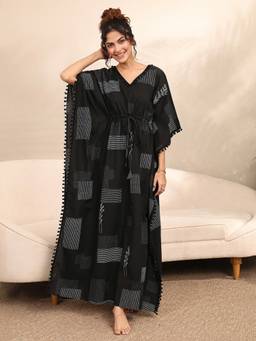 Libas - Black Geometric Printed Kaftan Style Nightdress with Attached Waist Belt