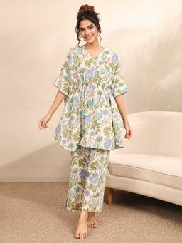 Libas - Multi-Color Floral Printed Kurti with Attached Waist Belt and Palazzo