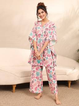 Libas - Multi-Color Floral Printed Kurti with Attached Waist Belt and Palazzo