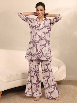 Libas - Purple Floral Printed Front Pleated Kurti with Palazzo