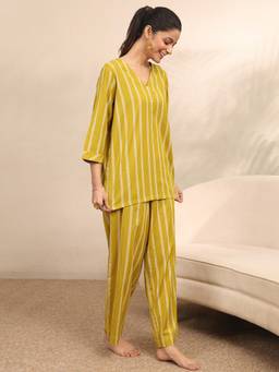 Libas - Mustard Striped Printed Kurti with Palazzo