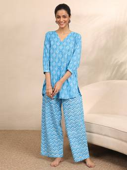 Libas - Blue Ethnic Motif Printed Kurti with Chevron Palazzo