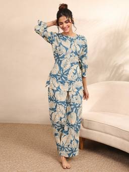 Libas - Blue Floral Printed Kurti with Attached Waist Belt and Palazzo