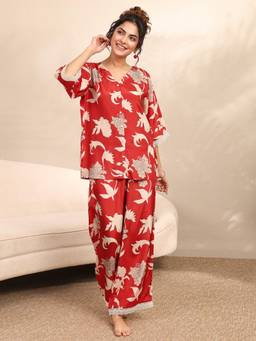 Libas - Red Floral Printed Shirt with Palazzo