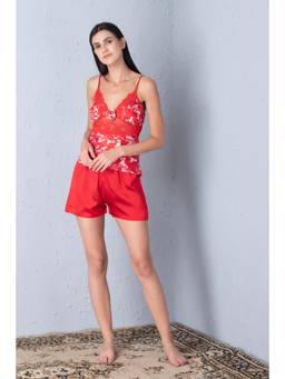 Private Lives - Printed Satin Red Slip Top And Shorts
