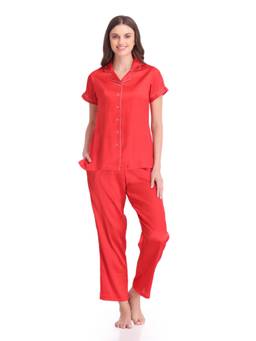 Private Lives - Red Satin Classic Collar Shirt and Pyjama