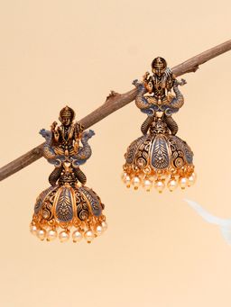 Karatcart - Antique Gold Plated Grey Mata Laxmi Jhumki Earrings for Women