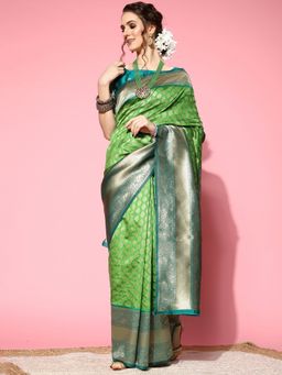Akhilam - Womens Silk Blend Green Woven Design Designer Saree with Unstitched Blouse