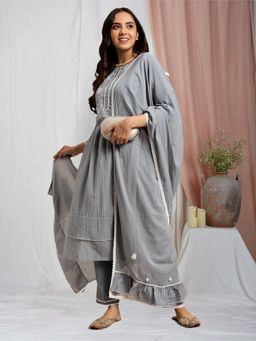 Zuri - Grey Embroidered Cotton Kurta with Embroidered Pant and Dupatta - Set of 3