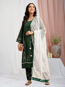 Zuri - Royal Green Patch Work Embroidered Cotton Kurta with Embroidered Pant and Dupatta - Set of 3