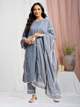 Zuri - Blue Polka Dot Printed Cotton Kurta with Lace Pant and Embroidered Dupatta - Set of 3