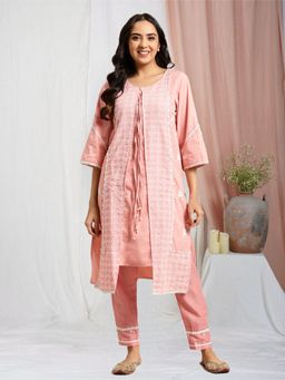 Zuri - Pink Long Panel Embroidered Cotton Kurta with Embroidered Pant - Set of 2