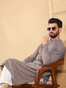 ETHNIC BAY - Men Grey Viscose Rayon Embroidered Straight Kurta with Pant