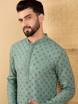 ETHNIC BAY - Men Green Viscose Rayon Embroidered Kurta with Pant
