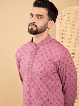 ETHNIC BAY - Men Mauve Viscose Rayon Embroidered Straight Kurta with Pant