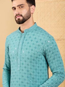 ETHNIC BAY - Men Blue Viscose Rayon Embroidered Straight Kurta with Pant