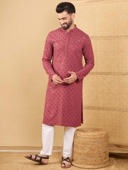 ETHNIC BAY - Men Mauve Viscose Rayon Embroidered Straight Kurta with Pant